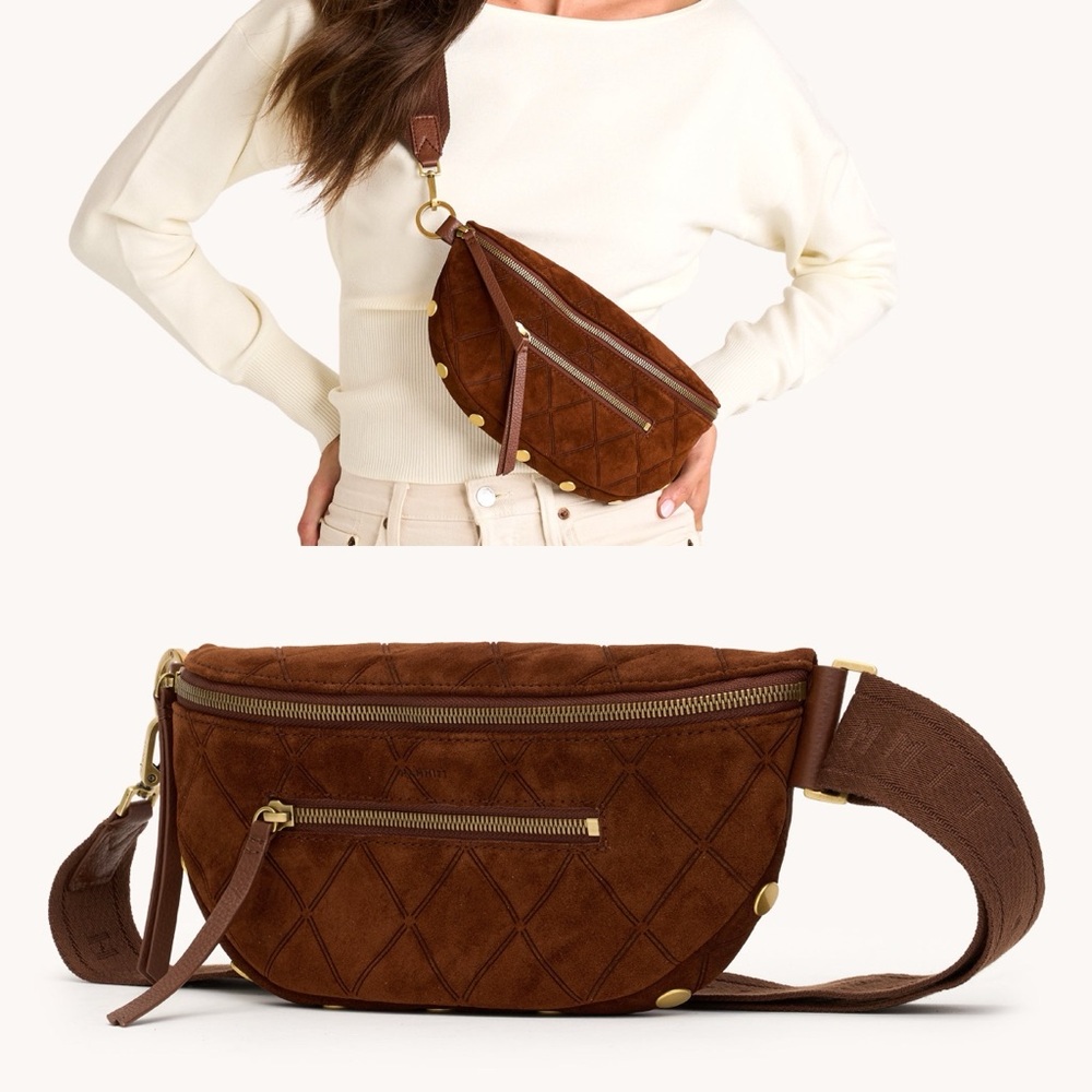 NEW Hammitt Charles Crossbody Med Chocolate Diamond Suede/Antique Gold